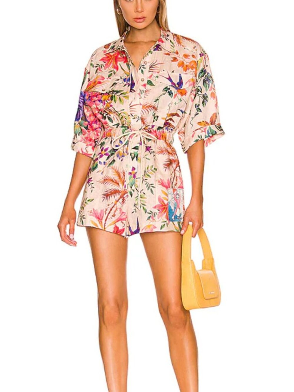 ZIMMERMANN Tropicana Linen Utility Playsuit Romper in Cream Floral 1 Small